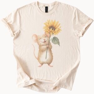 Cute Mouse Holding Sunflower Graphic Tee Whimsical Nature Art
